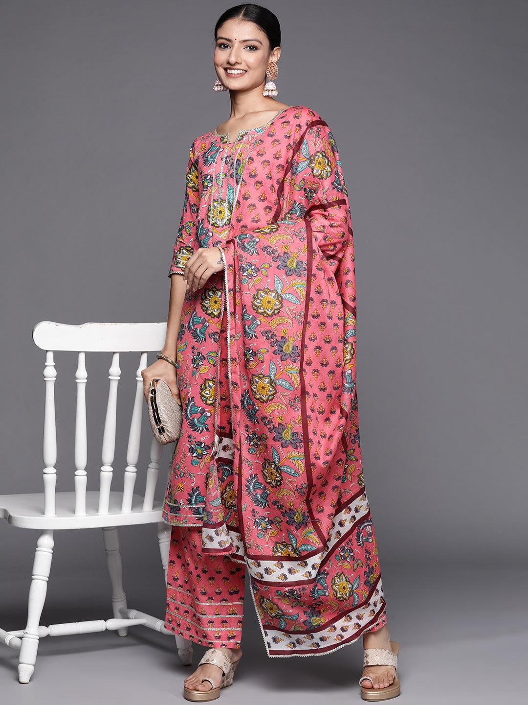 Pink Printed Cotton Straight Suit Set