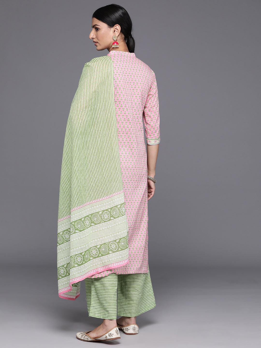 Pink Printed Cotton Straight Kurta With Palazzos & Dupatta