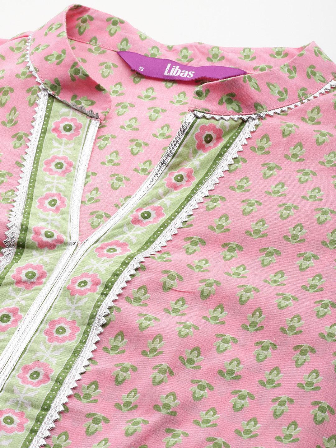 Pink Printed Cotton Straight Kurta With Palazzos & Dupatta