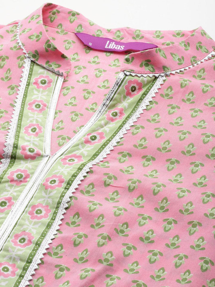 Pink Printed Cotton Straight Kurta With Palazzos & Dupatta - Libas