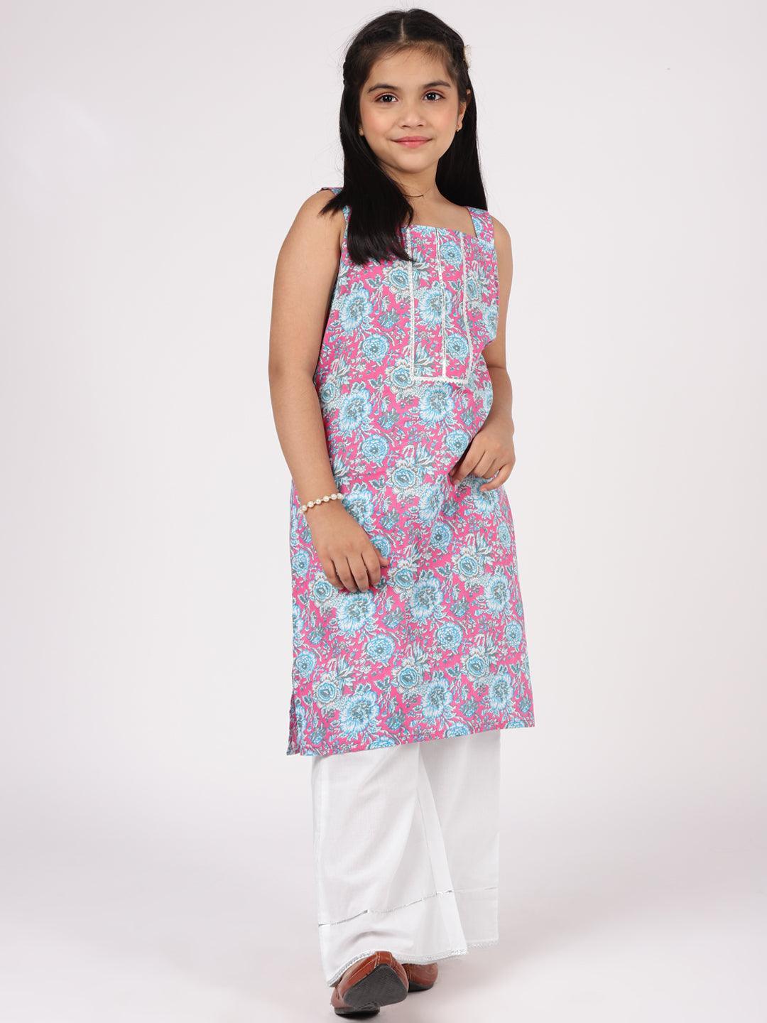 Kids Pink Printed Cotton Straight Kurta Set