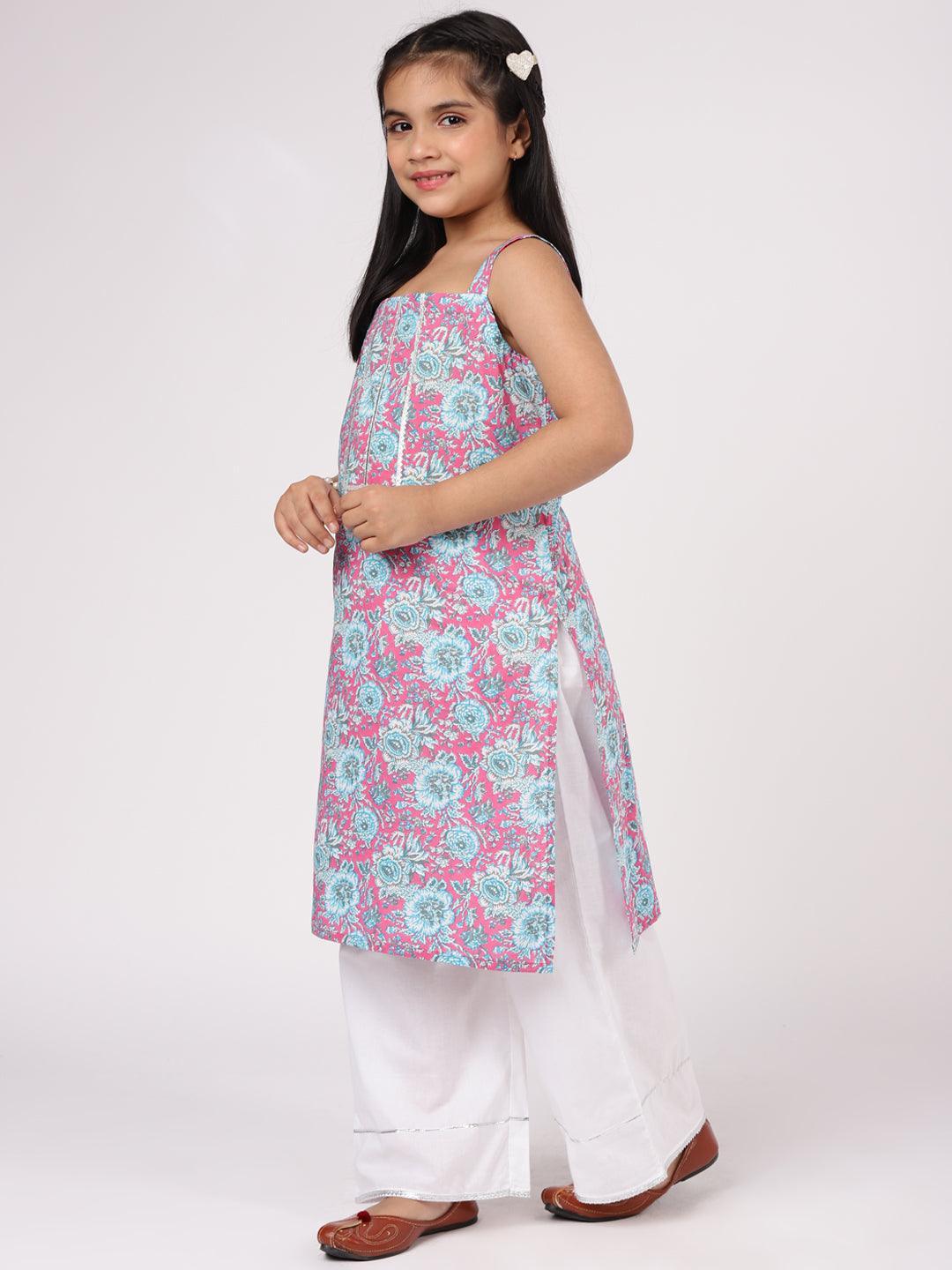 Kids Pink Printed Cotton Straight Kurta Set