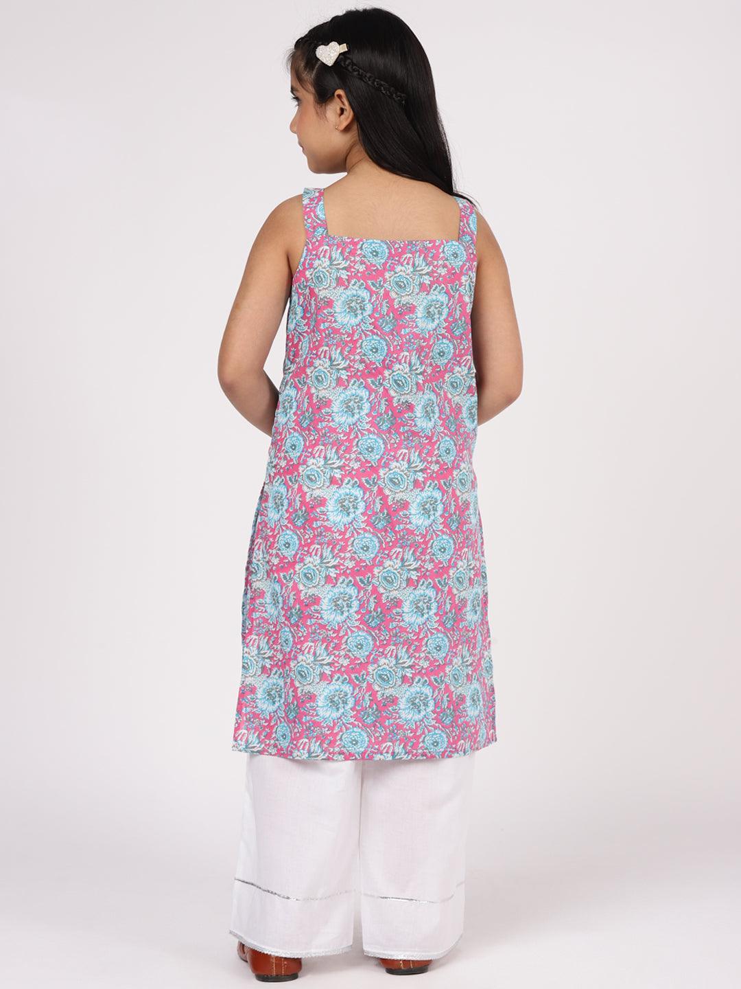 Kids Pink Printed Cotton Straight Kurta Set