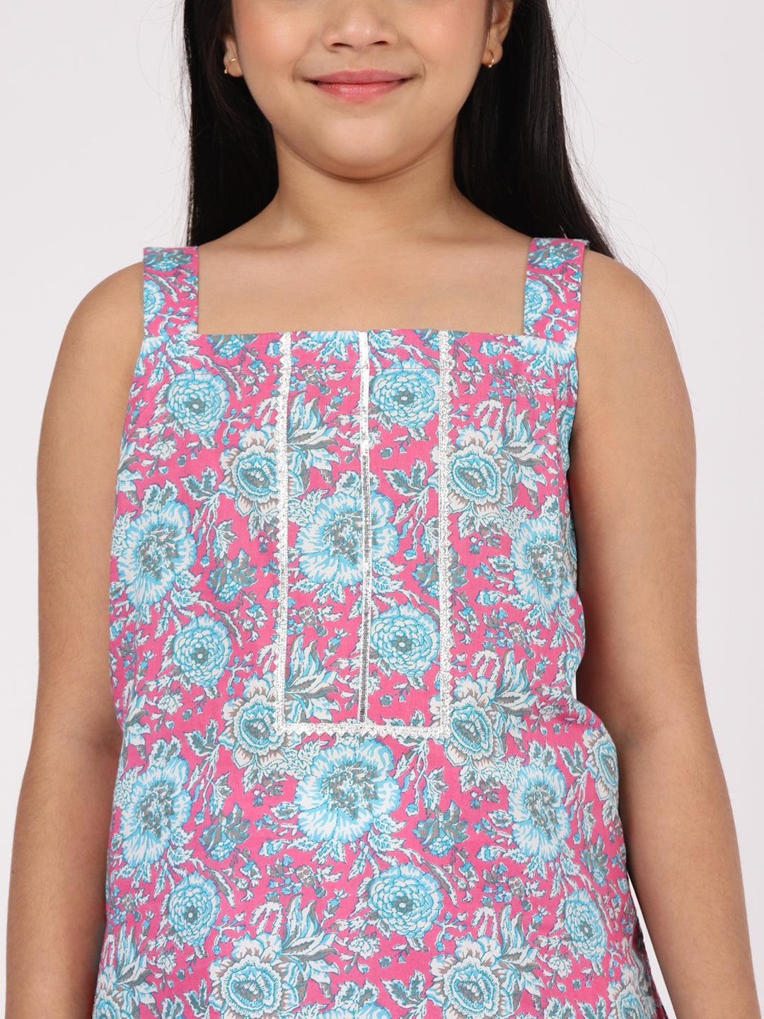 Kids Pink Printed Cotton Straight Kurta Set