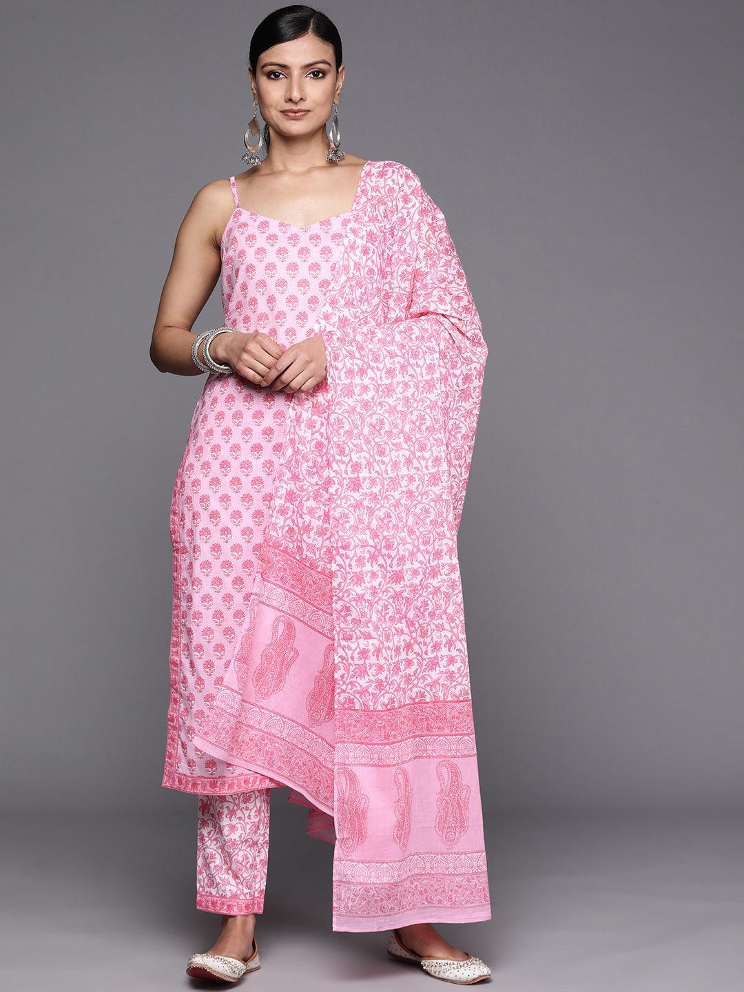 Pink Printed Cotton Straight Suit Set With Trousers