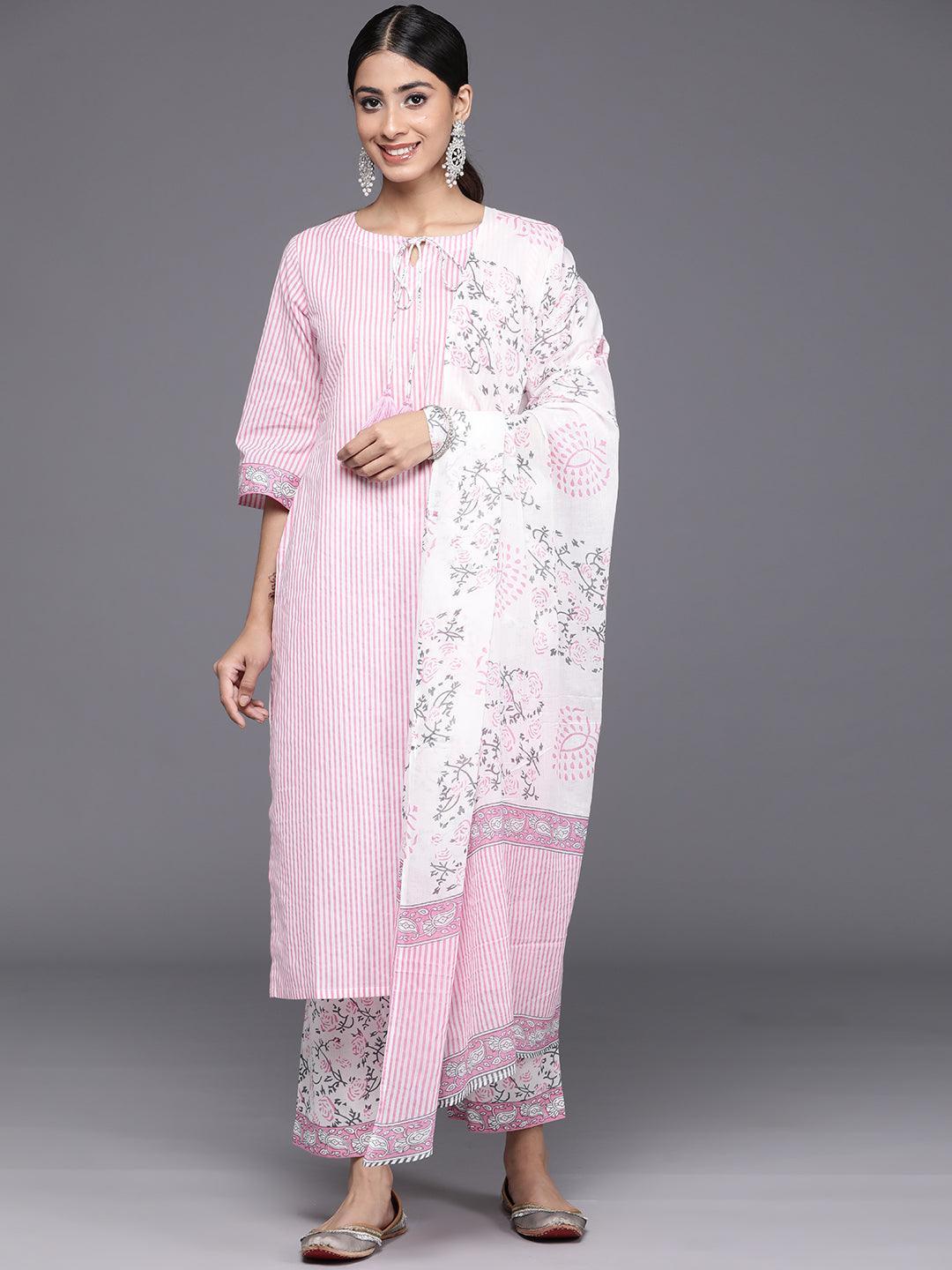 Pink Printed Cotton Straight Kurta With Trousers & Dupatta