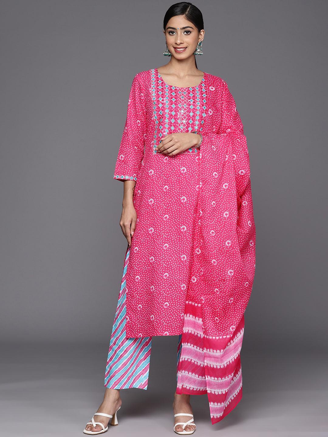 Pink Printed Cotton Straight Suit Set With Trousers