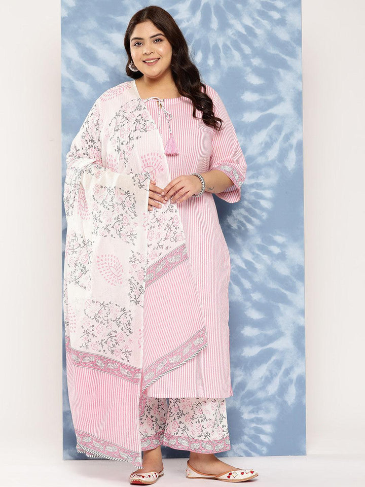 Pink Printed Cotton Straight Kurta With Trousers and Dupatta - Libas