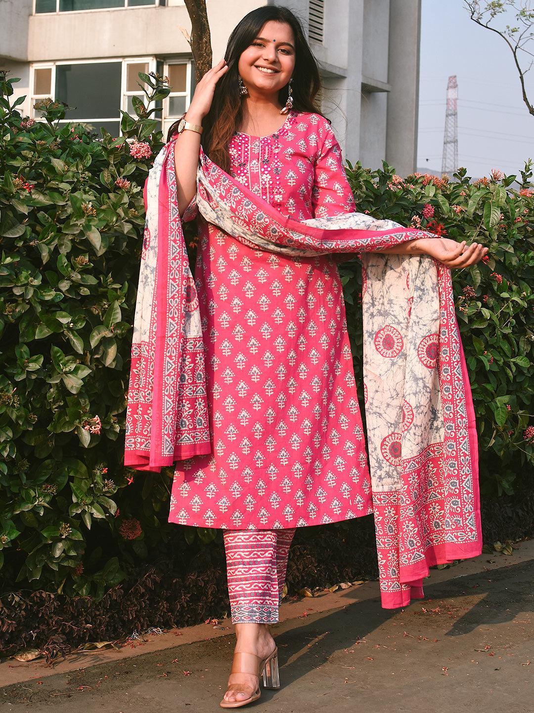 Pink Printed Cotton Straight Suit Set With Trousers