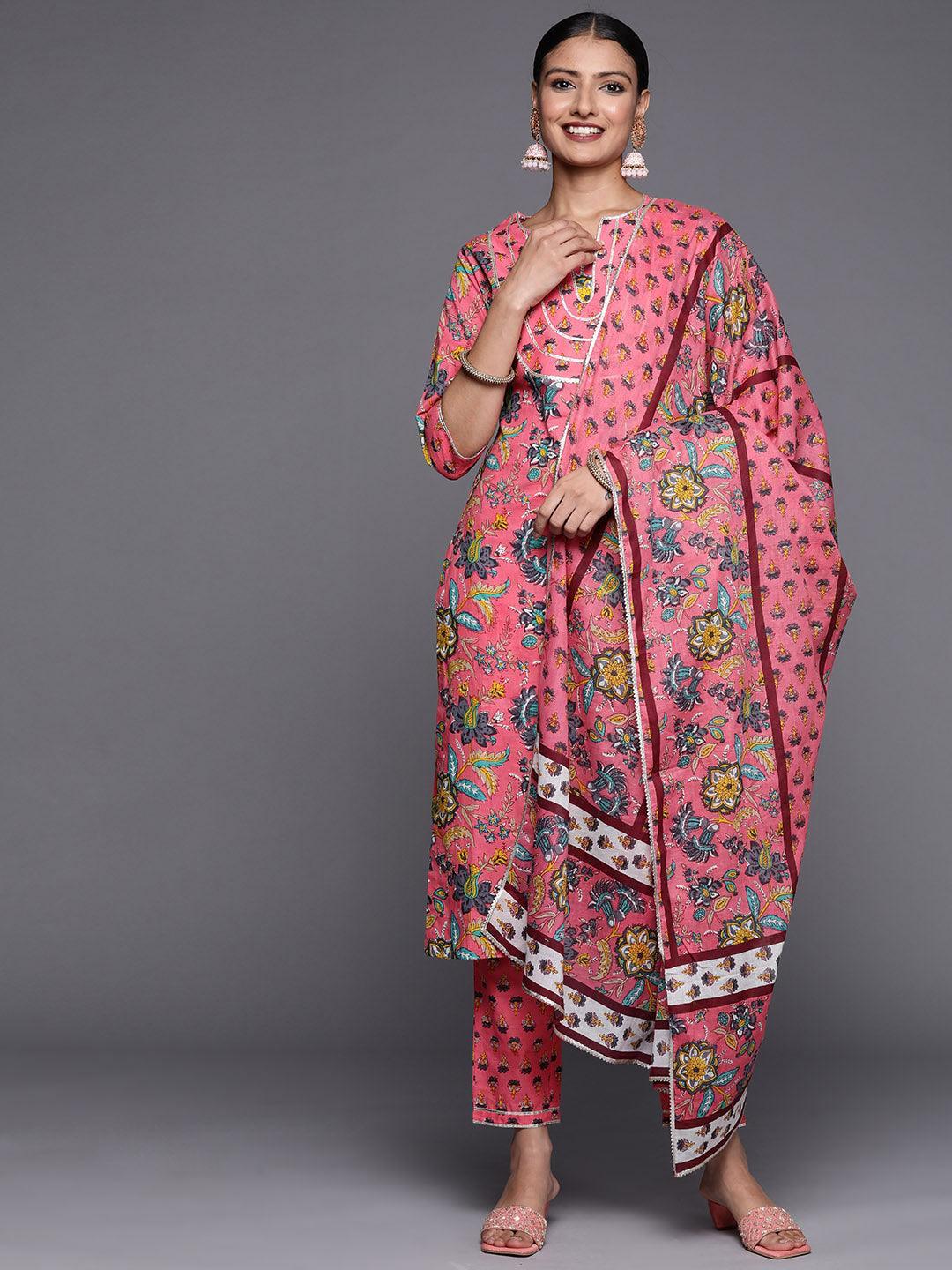 Pink Printed Cotton Straight Suit Set