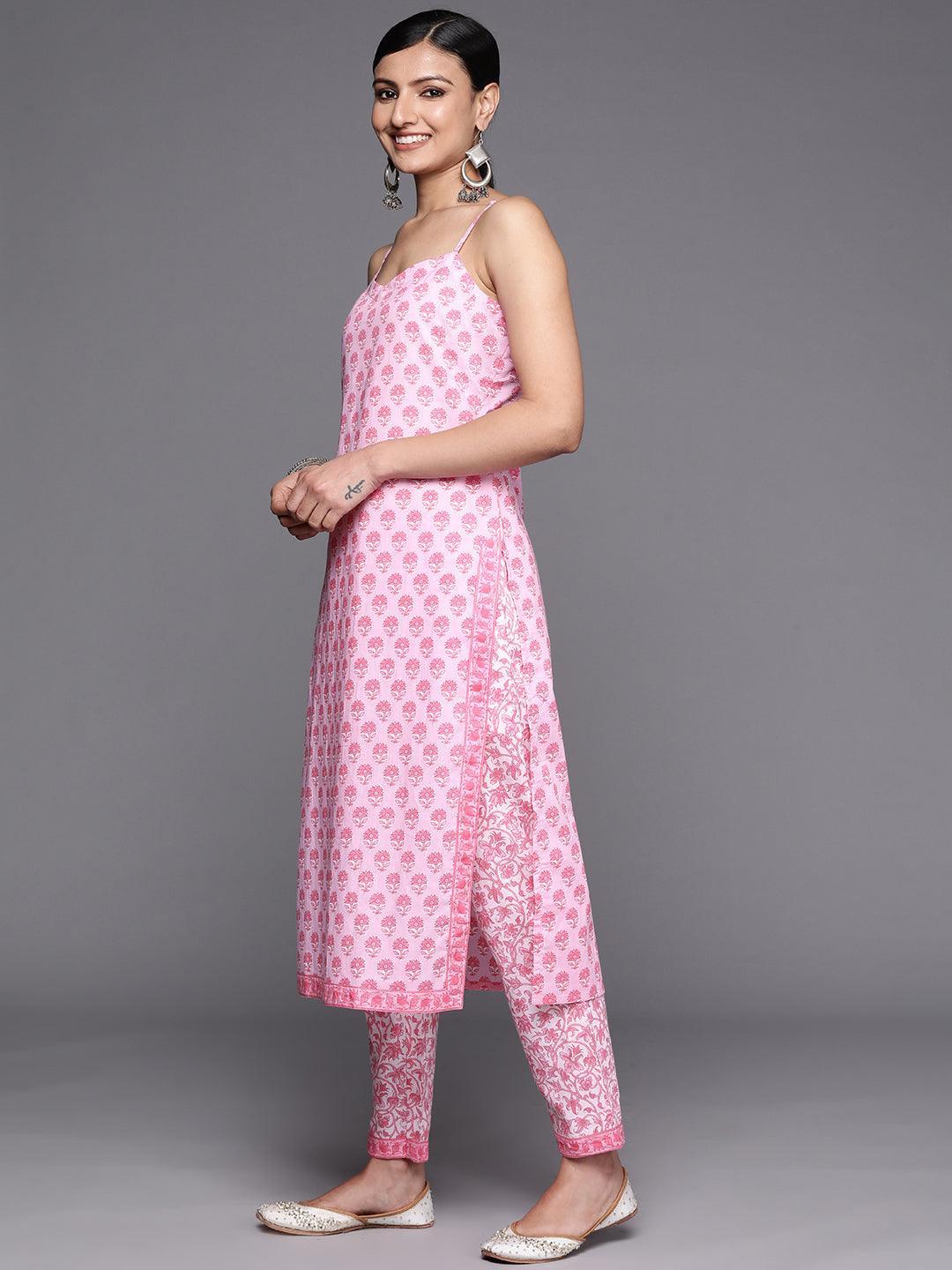 Pink Printed Cotton Straight Suit Set With Trousers