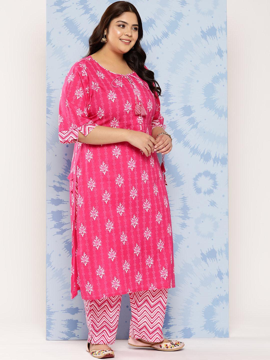 Pink Printed Cotton Straight Kurta With Trousers and Dupatta - Libas