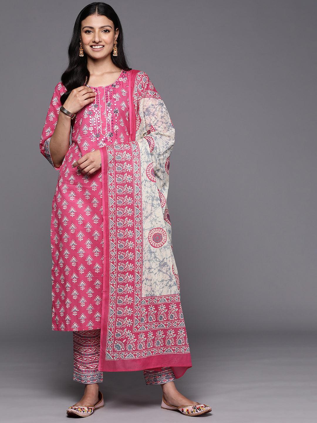 Pink Printed Cotton Straight Suit Set With Trousers