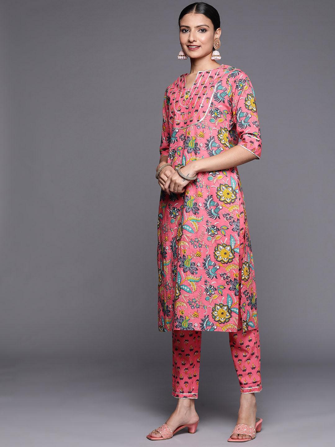 Pink Printed Cotton Straight Suit Set