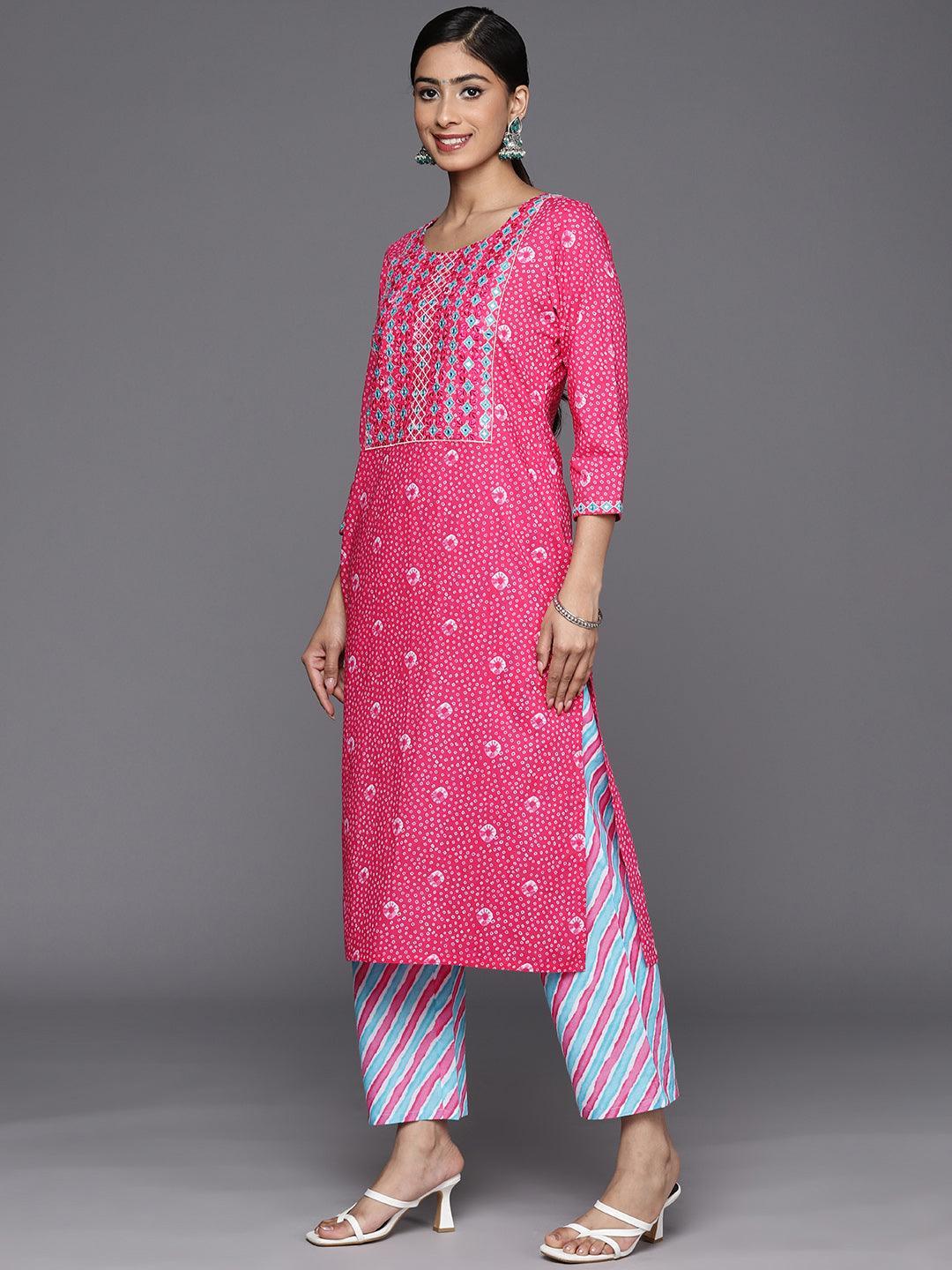 Pink Printed Cotton Straight Suit Set With Trousers