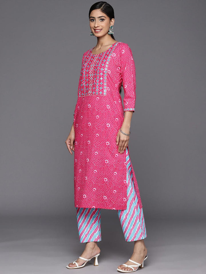 Pink Printed Cotton Straight Suit Set With Trousers - ShopLibas