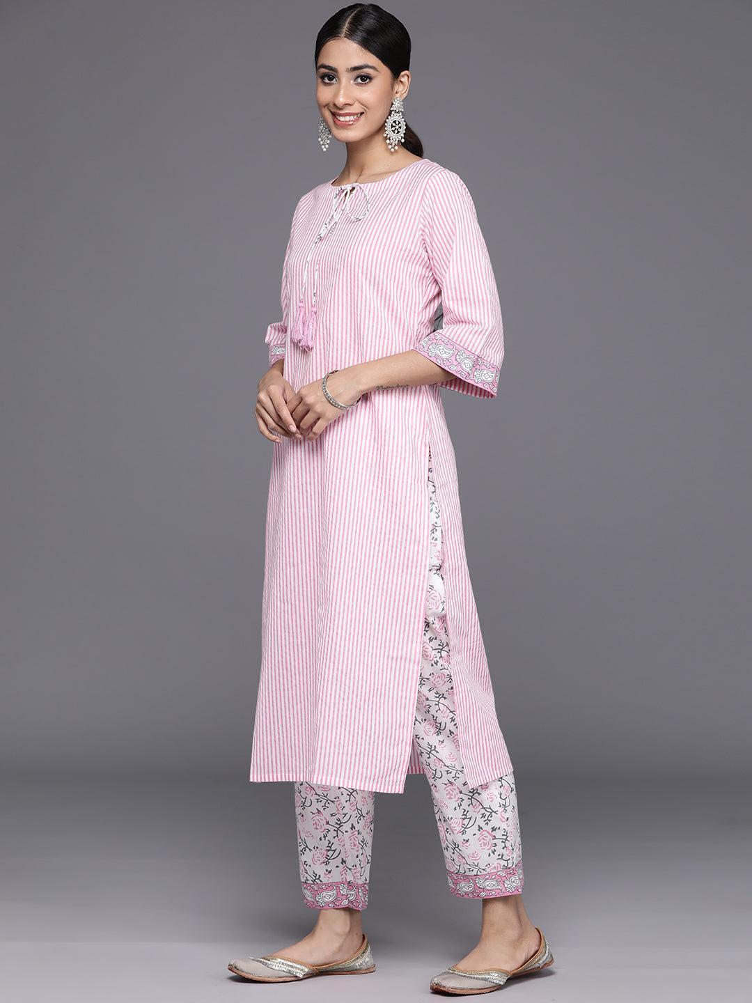 Pink Printed Cotton Straight Kurta With Trousers & Dupatta