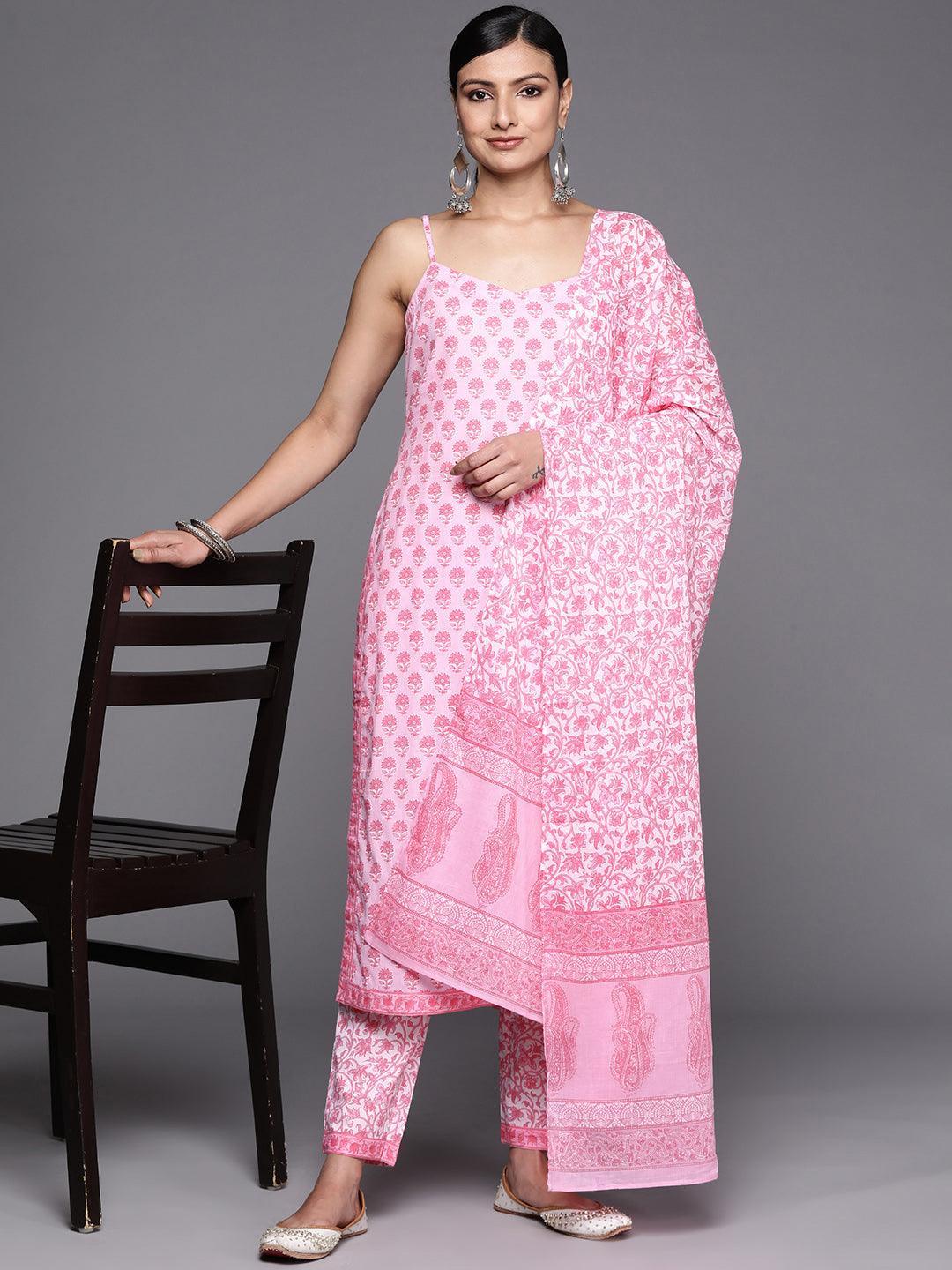 Pink Printed Cotton Straight Suit Set With Trousers