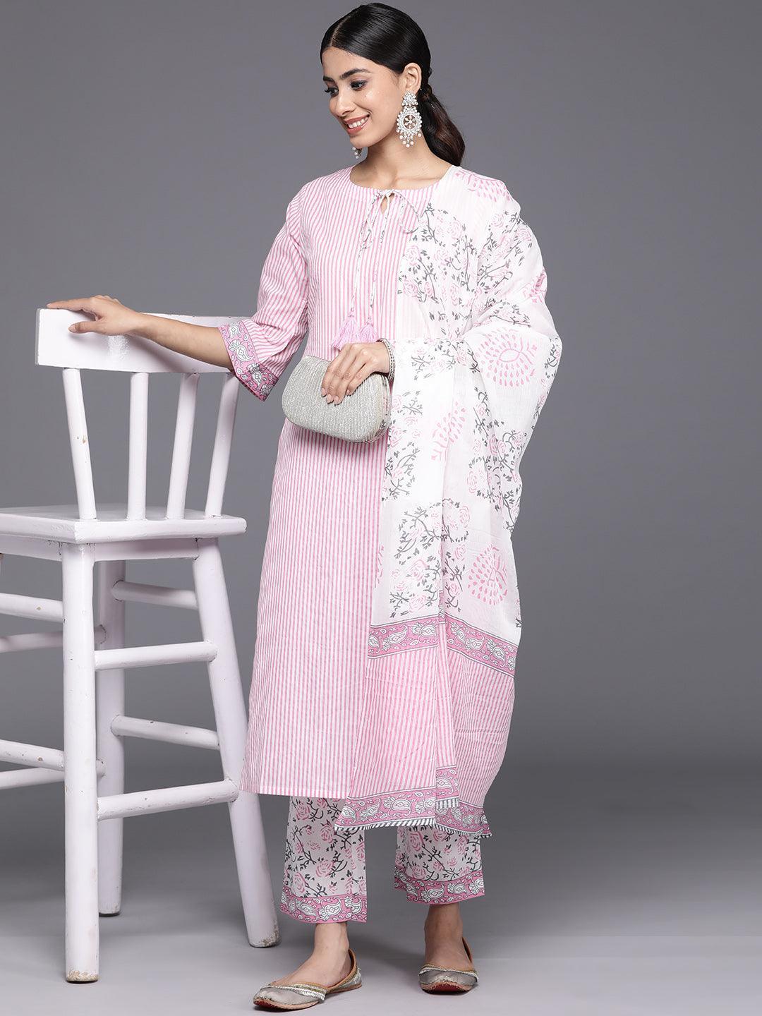 Pink Printed Cotton Straight Kurta With Trousers & Dupatta