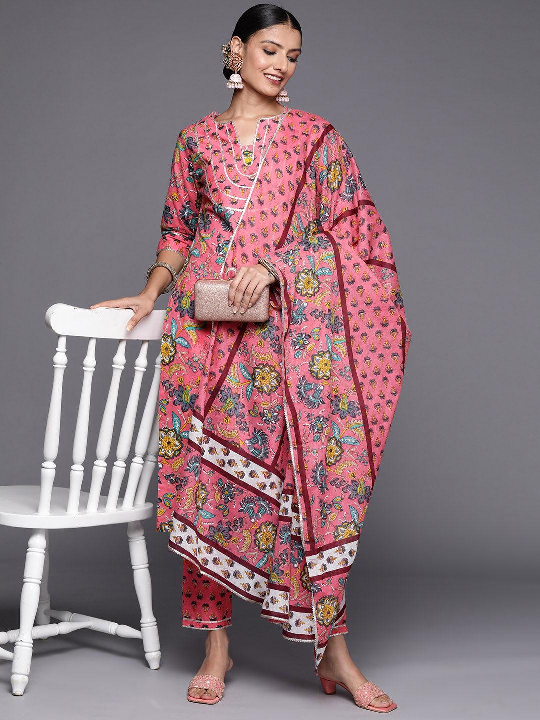 Pink Printed Cotton Straight Suit Set - ShopLibas