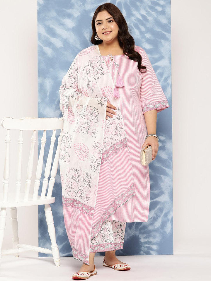 Pink Printed Cotton Straight Kurta With Trousers and Dupatta - Libas