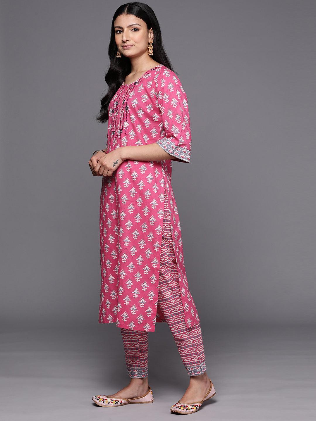 Pink Printed Cotton Straight Suit Set With Trousers