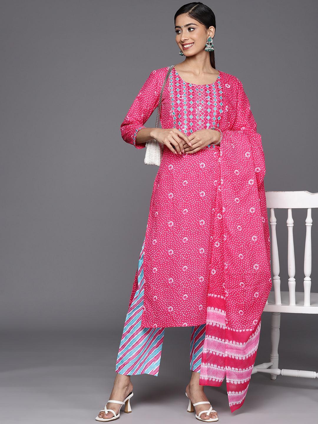 Pink Printed Cotton Straight Suit Set With Trousers