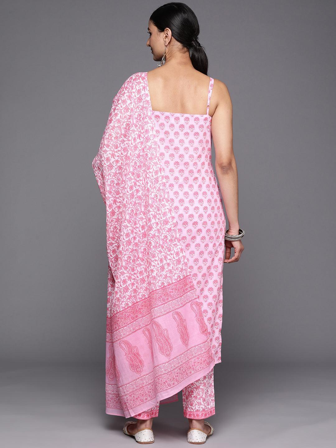 Pink Printed Cotton Straight Suit Set With Trousers