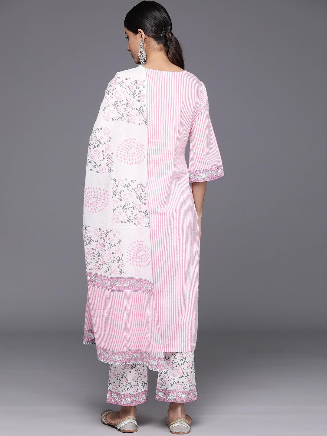 Pink Printed Cotton Straight Kurta With Trousers & Dupatta