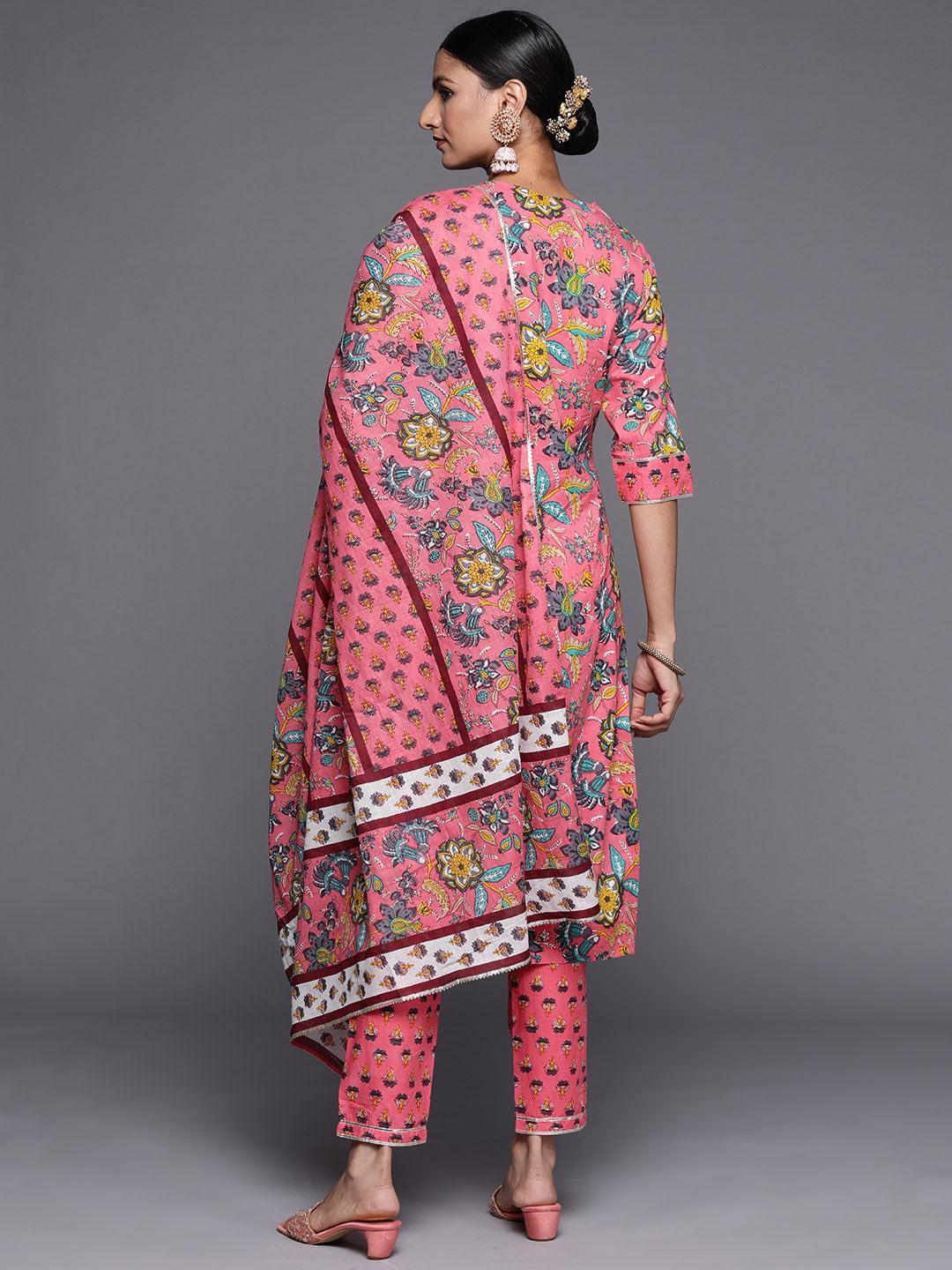 Pink Printed Cotton Straight Suit Set