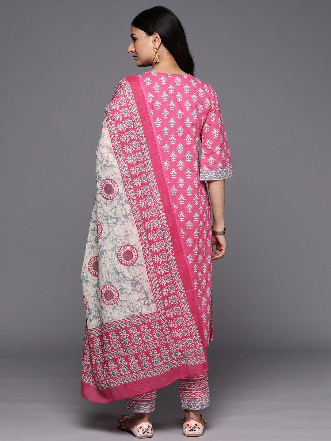 Pink Printed Cotton Straight Suit Set With Trousers