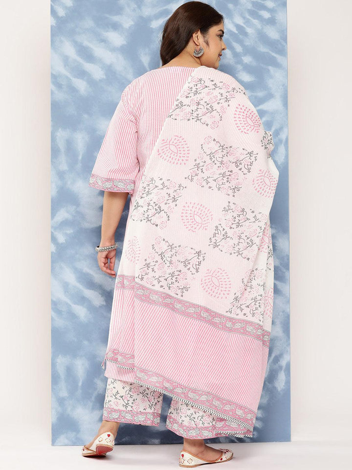 Pink Printed Cotton Straight Kurta With Trousers and Dupatta - Libas