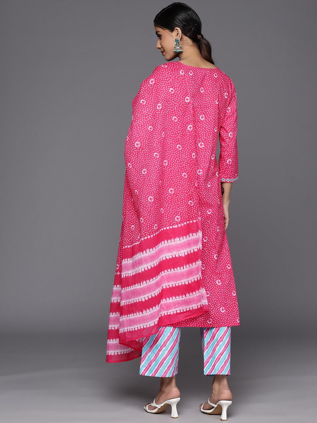 Pink Printed Cotton Straight Suit Set With Trousers