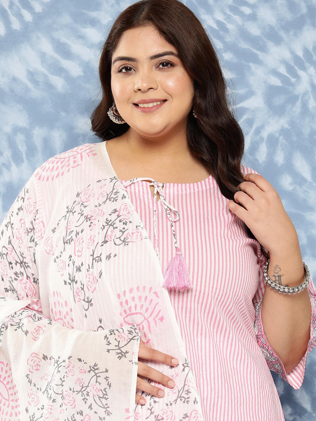 Pink Printed Cotton Straight Kurta With Trousers and Dupatta - Libas