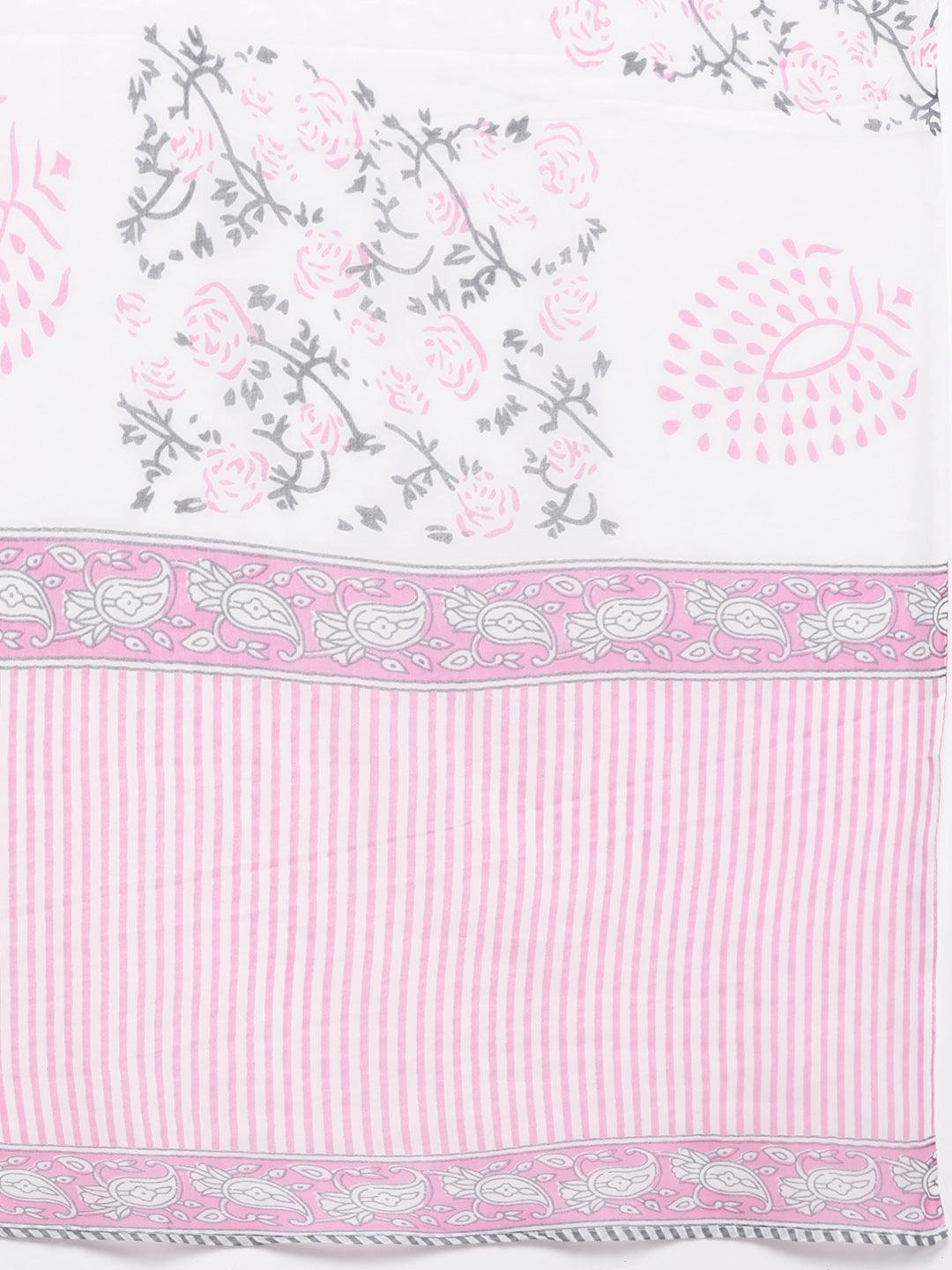 Pink Printed Cotton Straight Kurta With Trousers & Dupatta