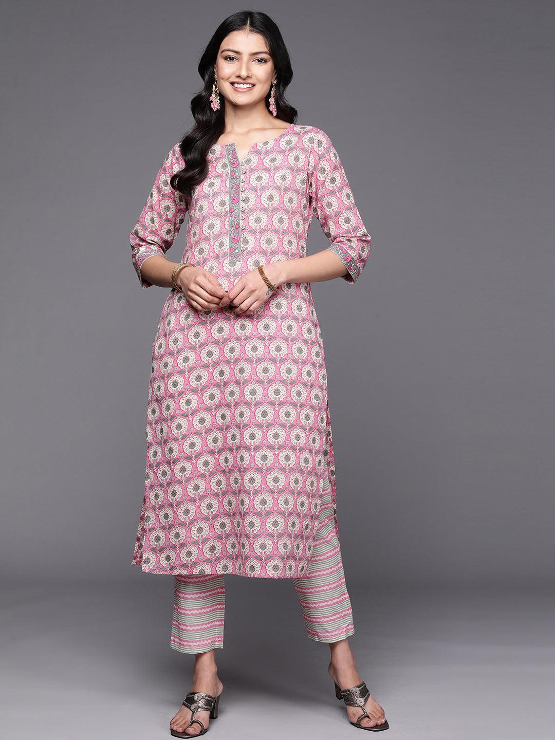 Pink Printed Cotton Straight Kurta Set With Trousers - ShopLibas