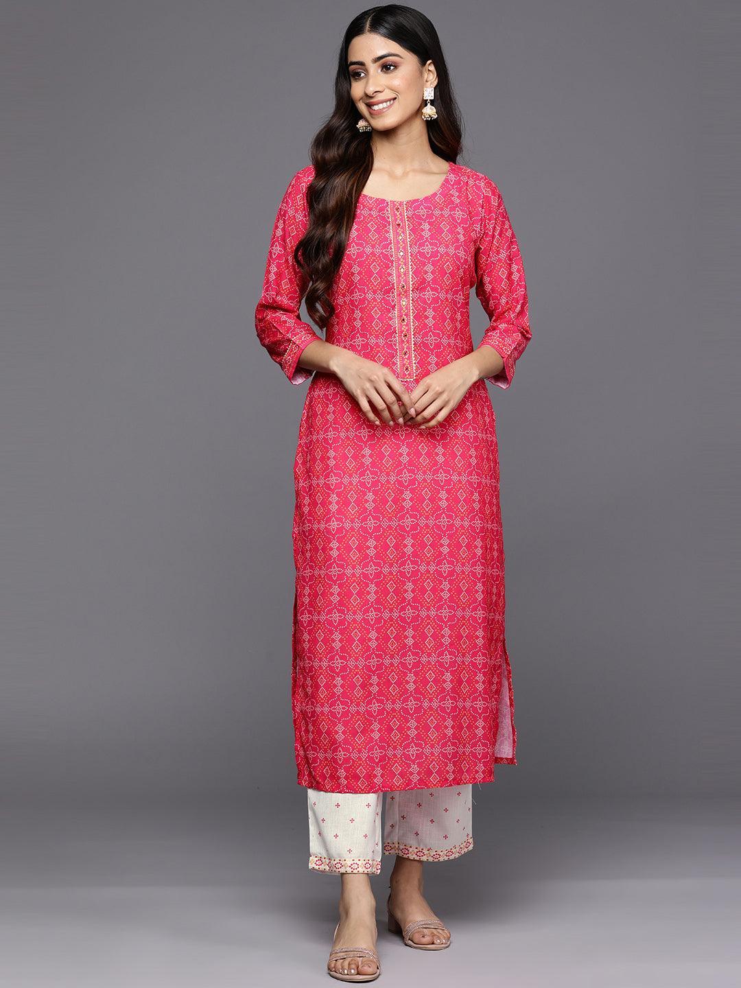 Pink Printed Cotton Straight Kurta Set With Trousers