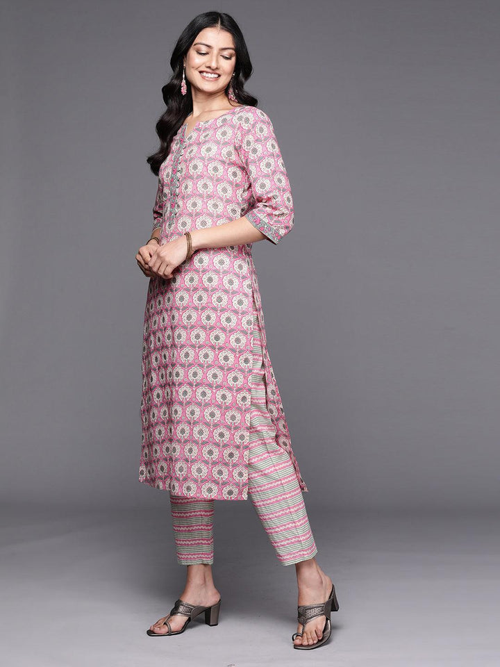 Pink Printed Cotton Straight Kurta Set With Trousers - ShopLibas