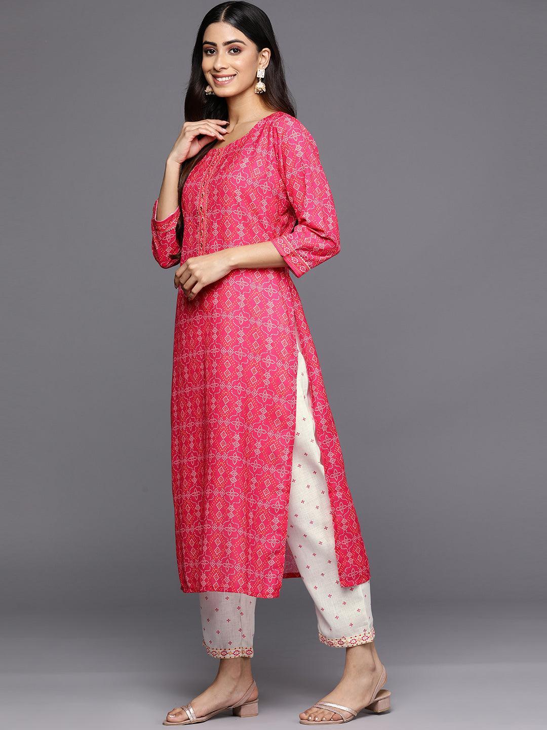 Pink Printed Cotton Straight Kurta Set With Trousers