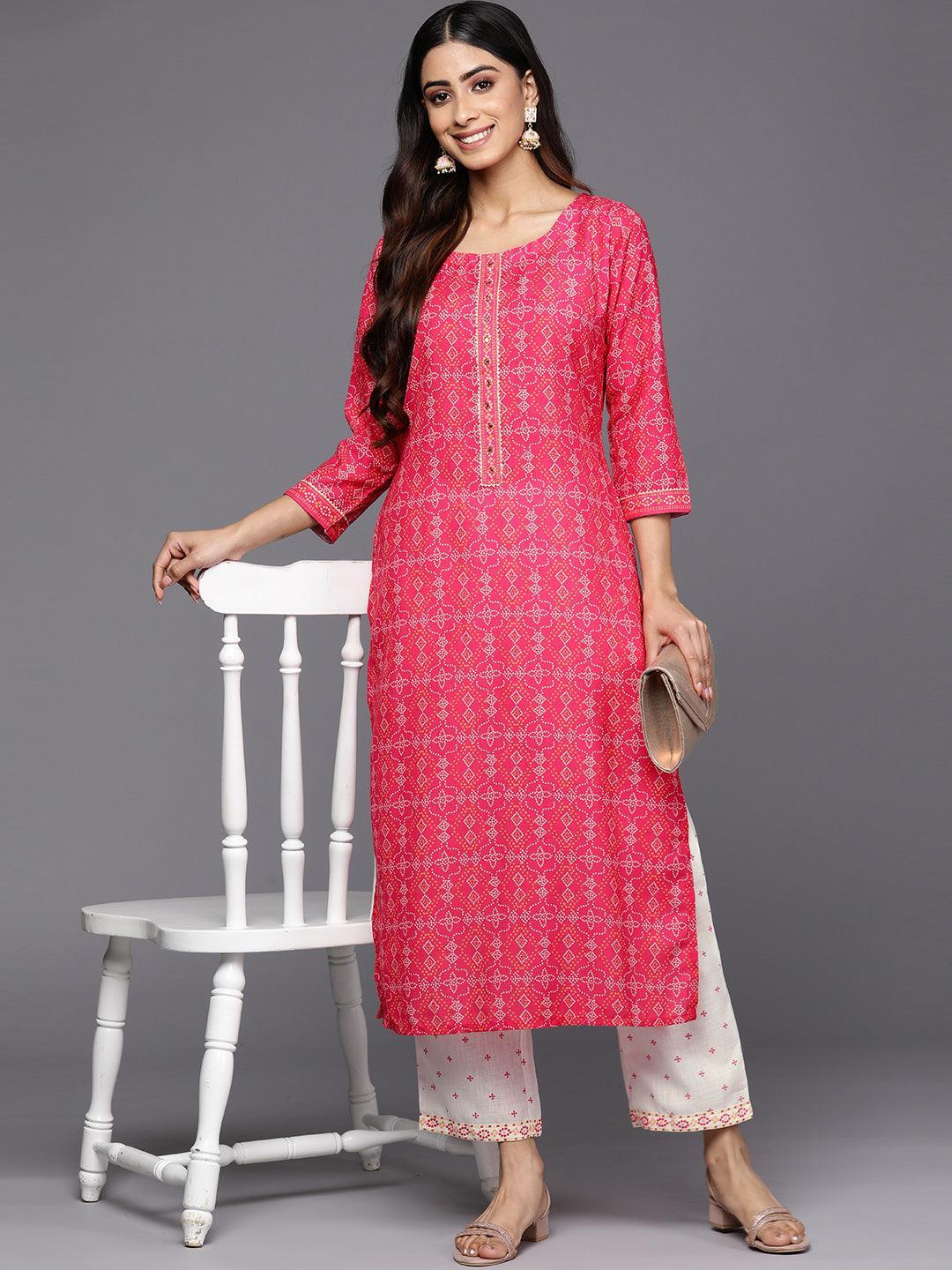 Pink Printed Cotton Straight Kurta Set With Trousers