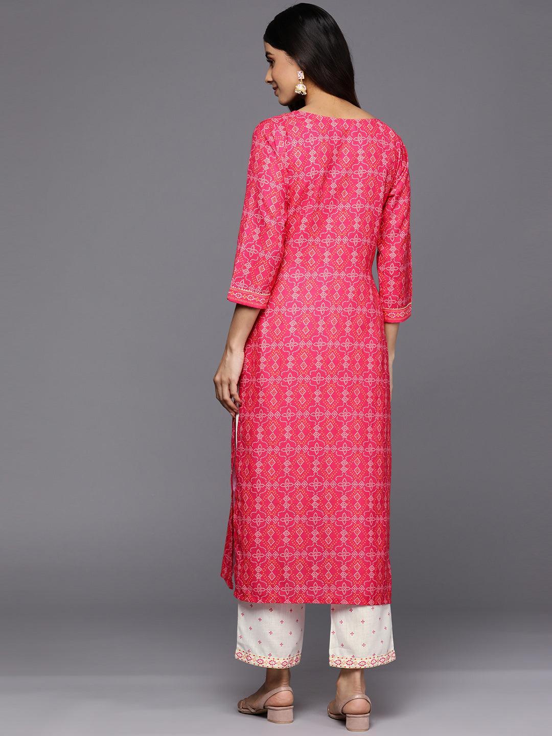 Pink Printed Cotton Straight Kurta Set With Trousers