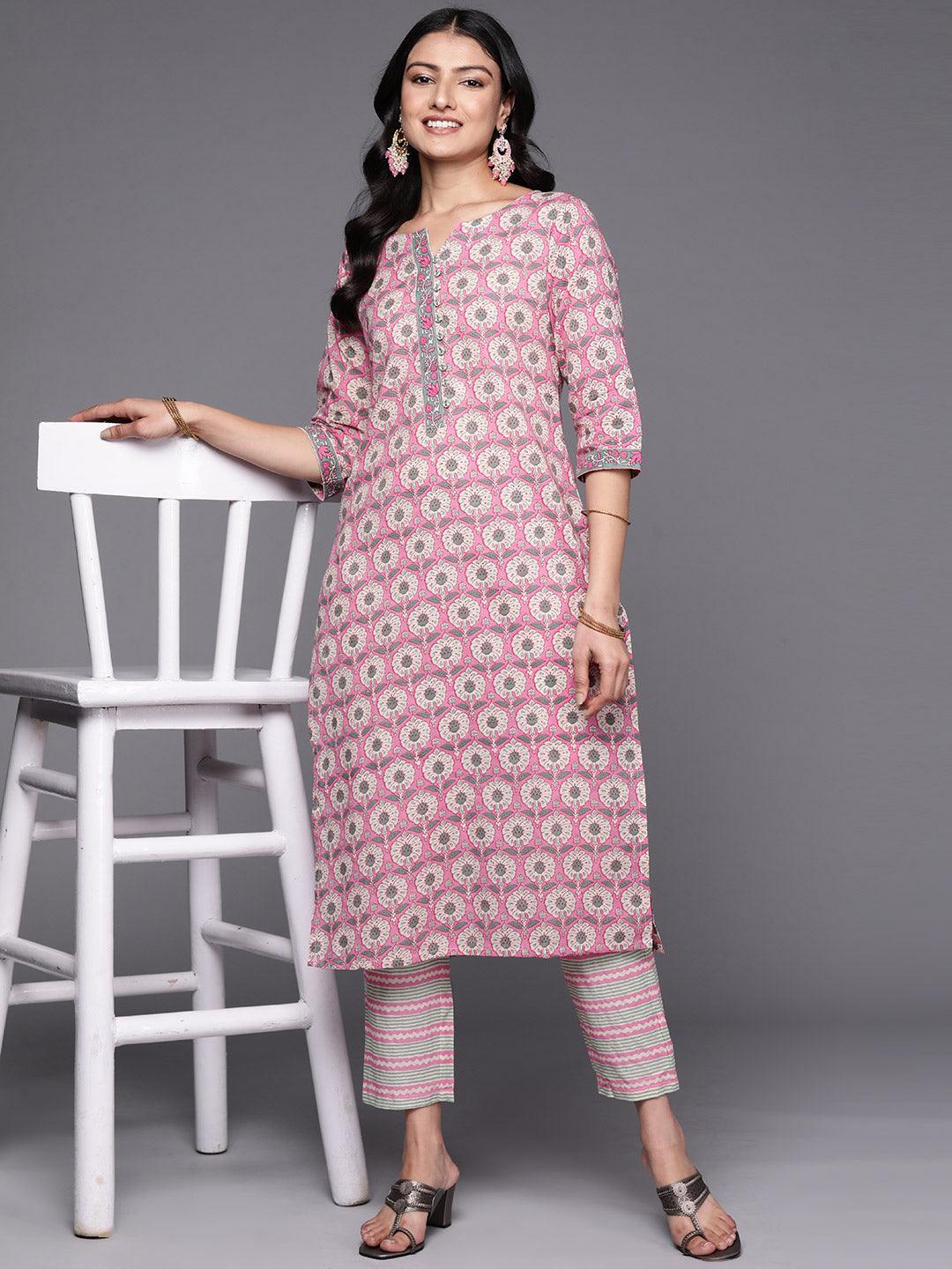 Pink Printed Cotton Straight Kurta Set With Trousers - ShopLibas