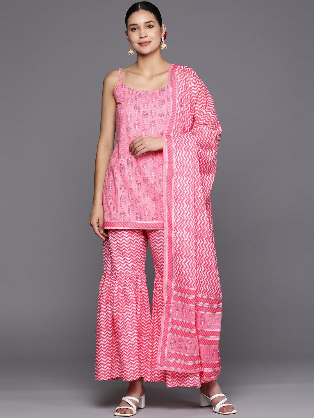 Pink Printed Cotton Straight Suit Set With Sharara