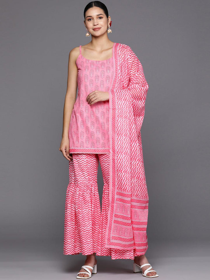 Pink Printed Cotton Straight Suit Set With Sharara - ShopLibas