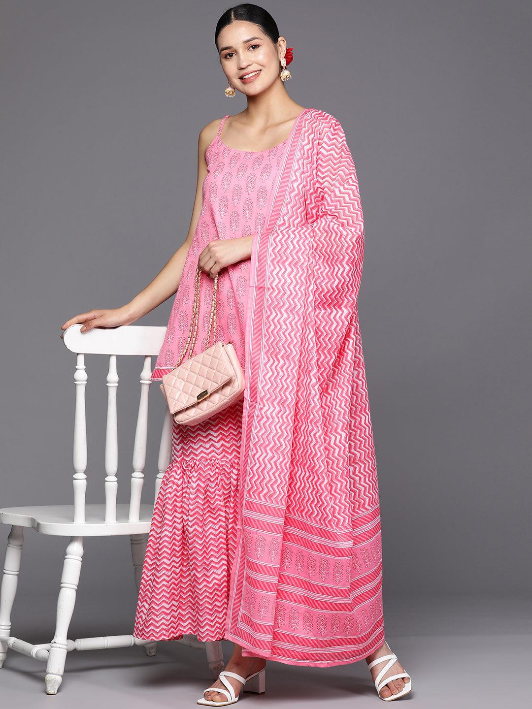 Pink Printed Cotton Straight Suit Set With Sharara