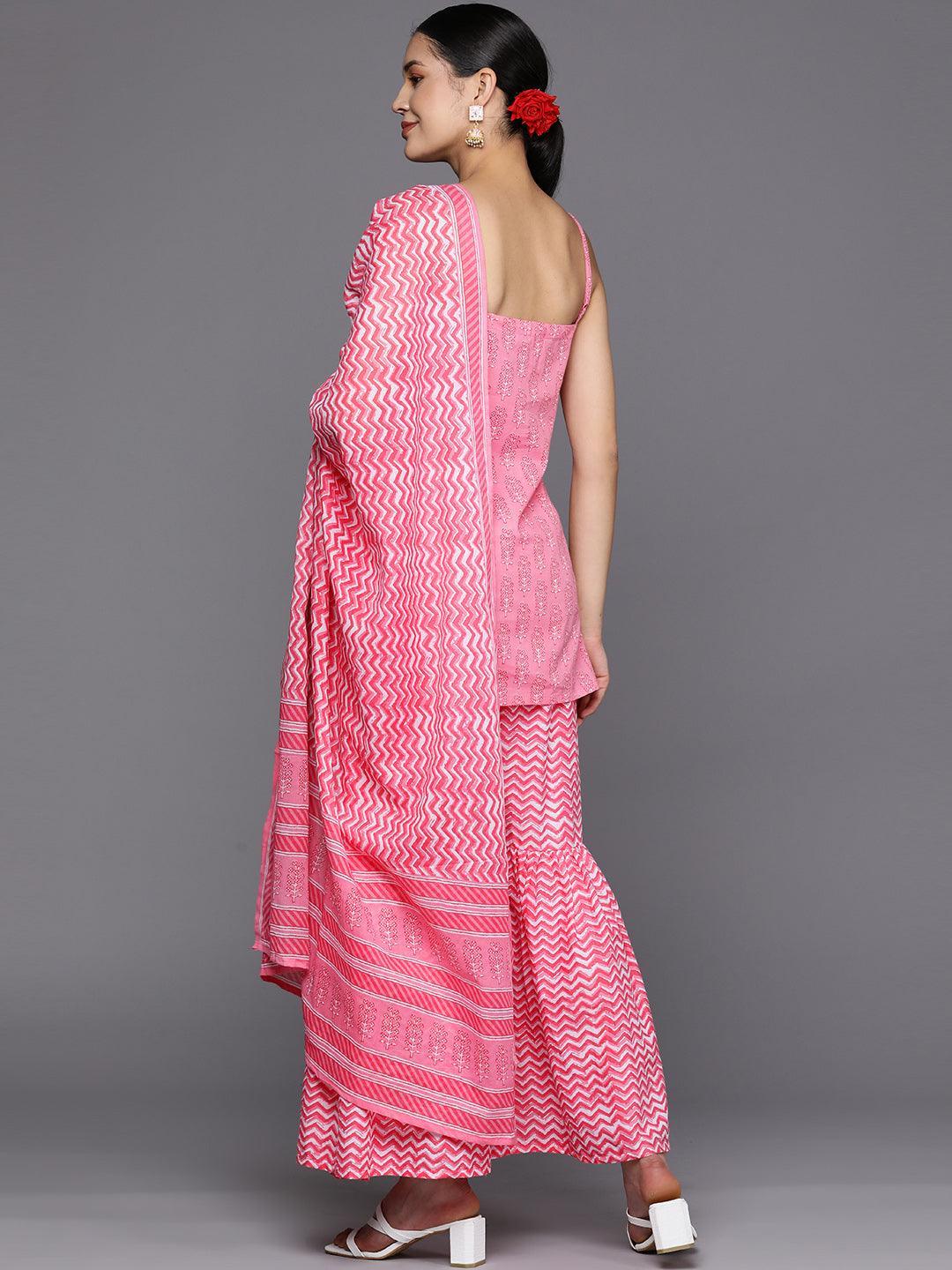 Pink Printed Cotton Straight Suit Set With Sharara