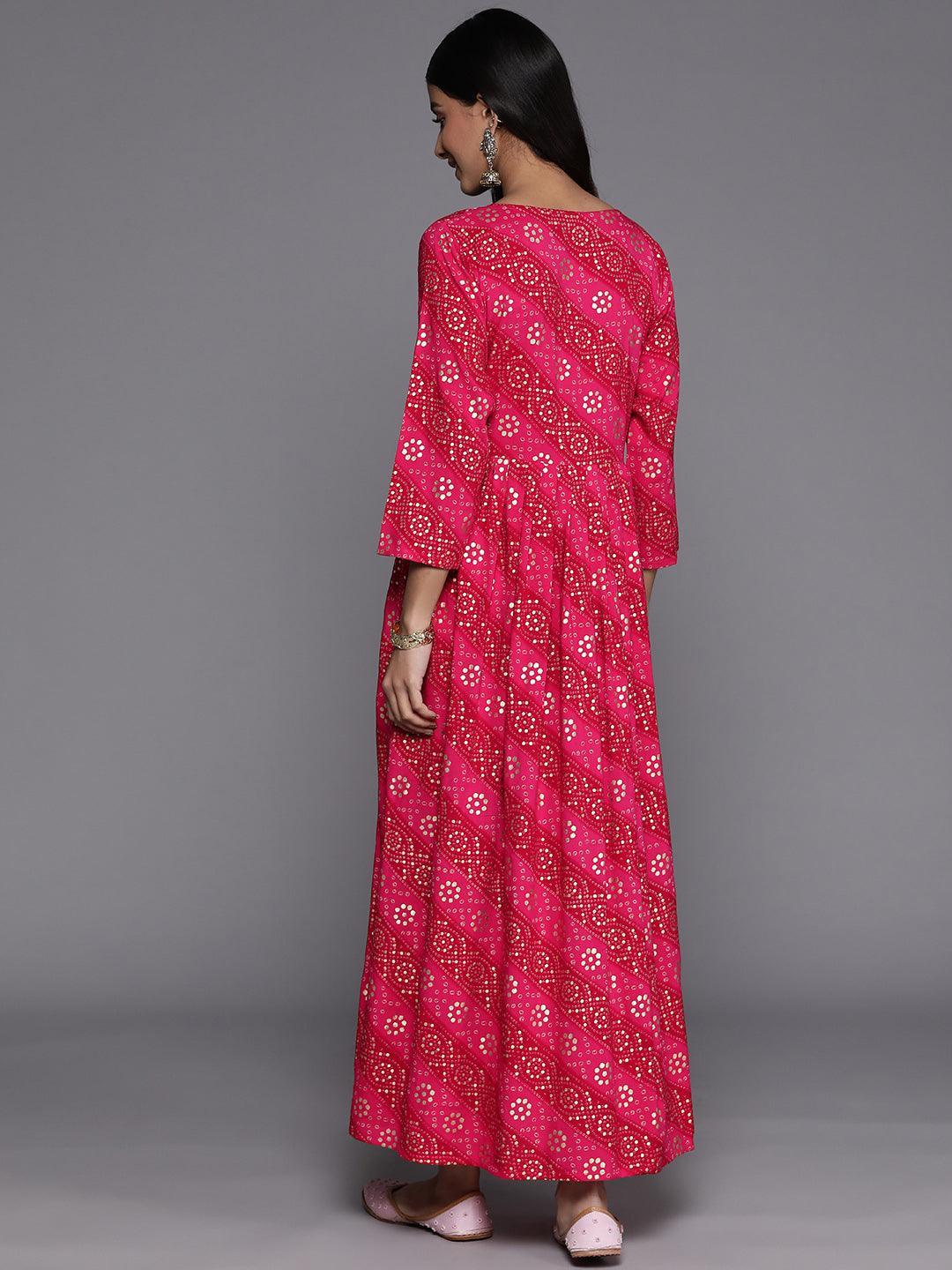 Pink Printed Fit and Flare Rayon Dress