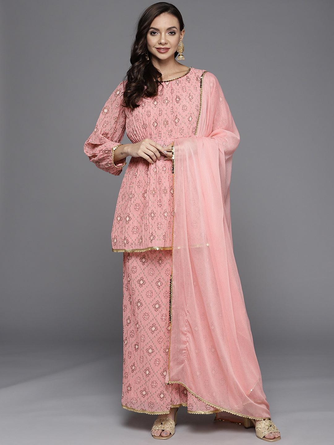 Pink Printed Georgette A-Line Suit Set