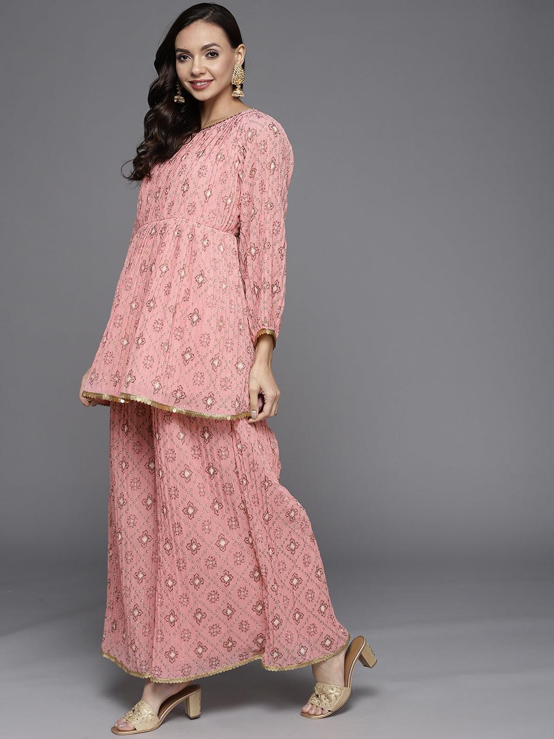 Pink Printed Georgette A-Line Suit Set