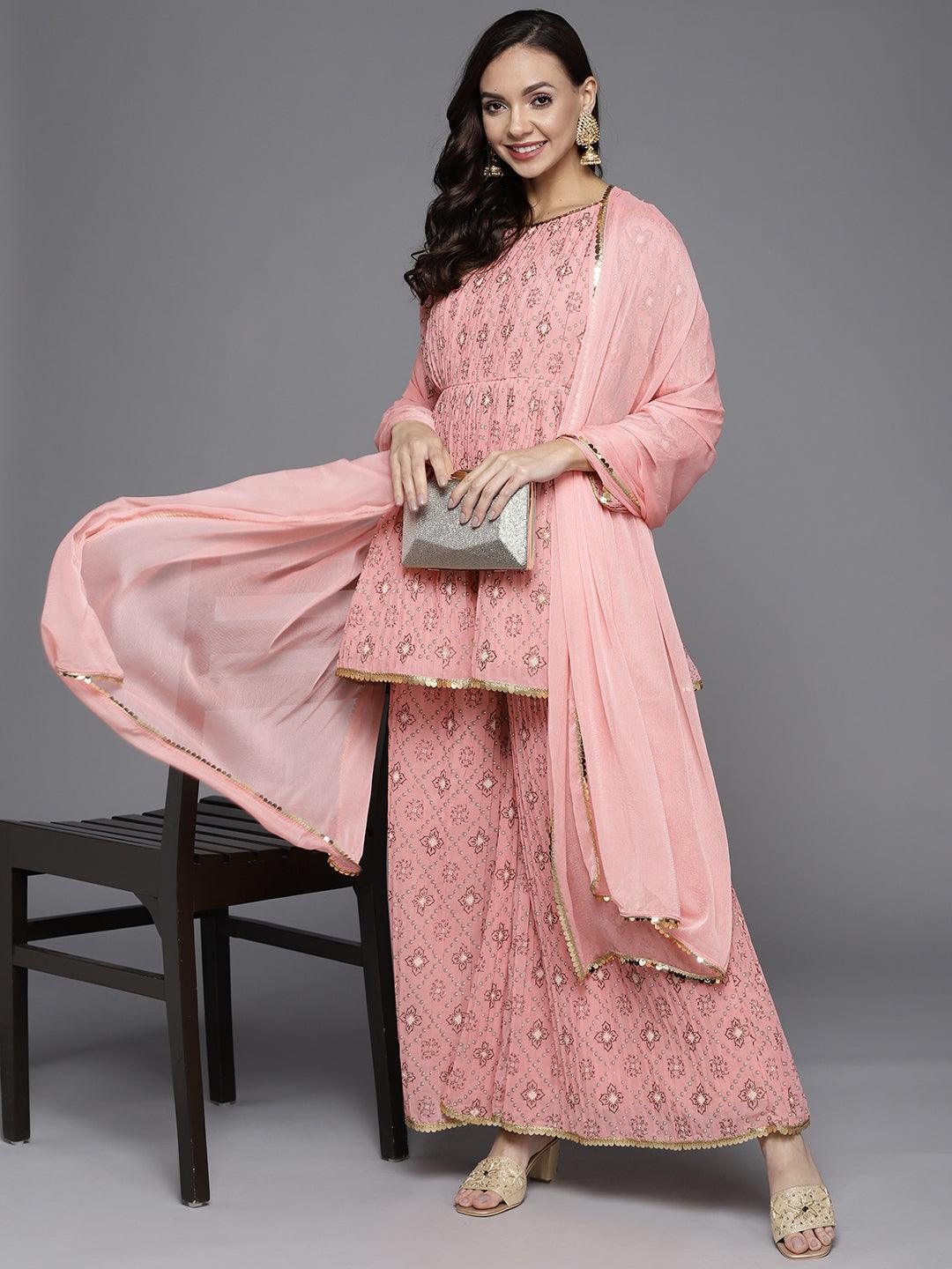 Pink Printed Georgette A-Line Suit Set